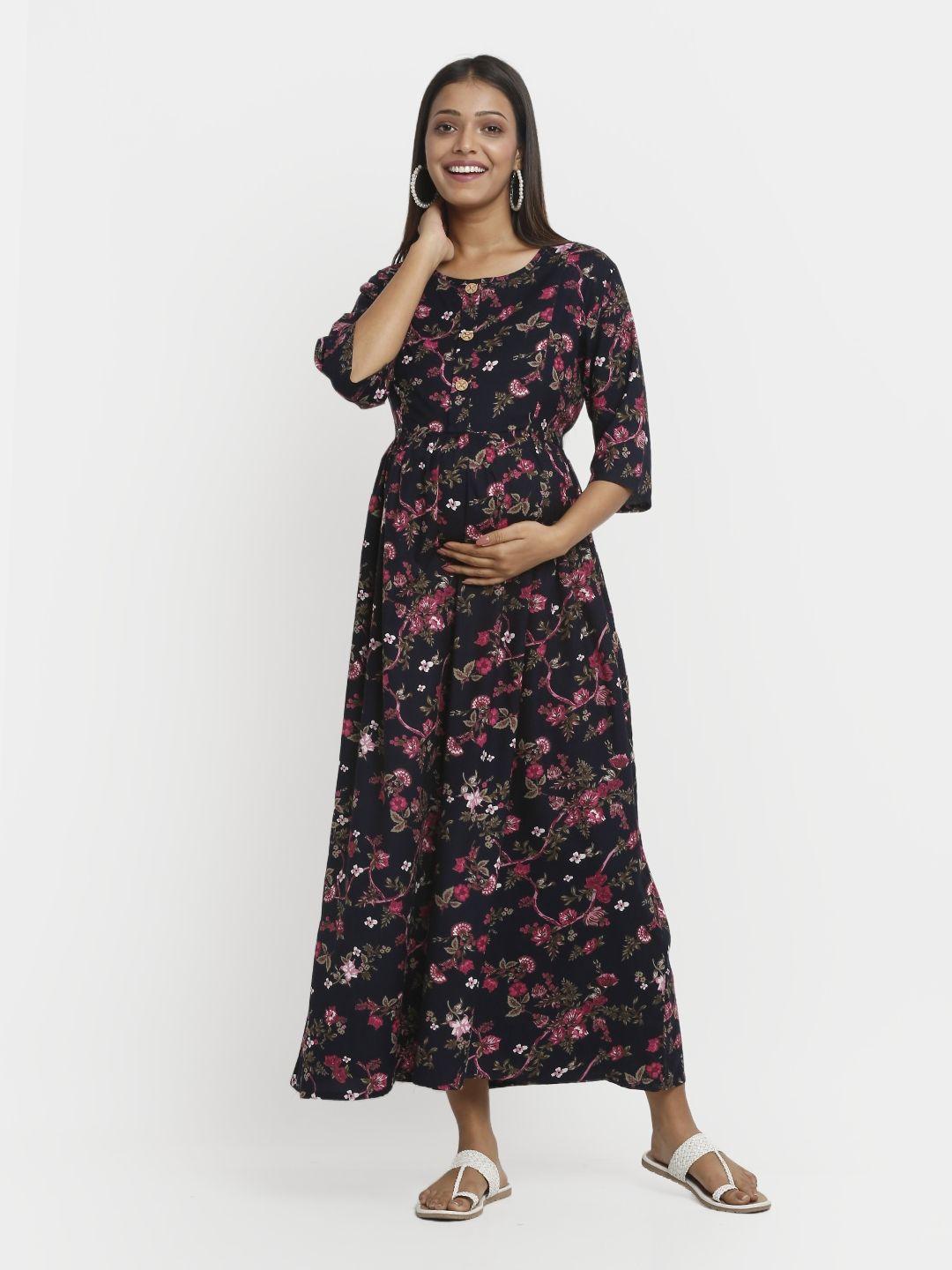 mylo essentials floral printed maternity a-line dress with zipper