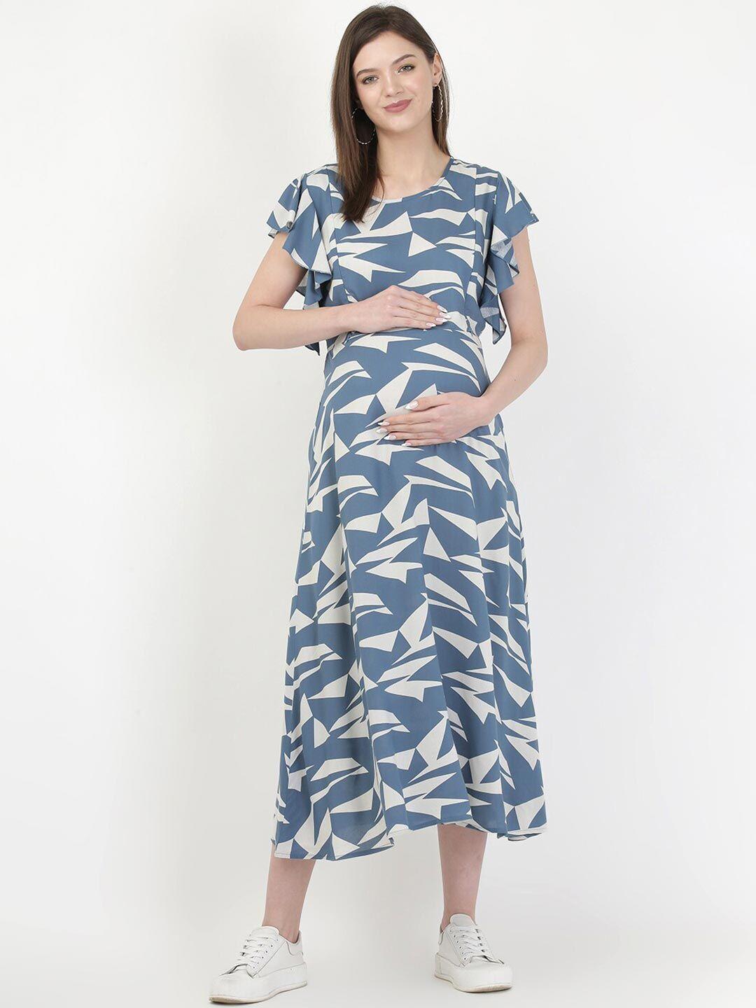 mylo essentials women blue printed maternity midi dress