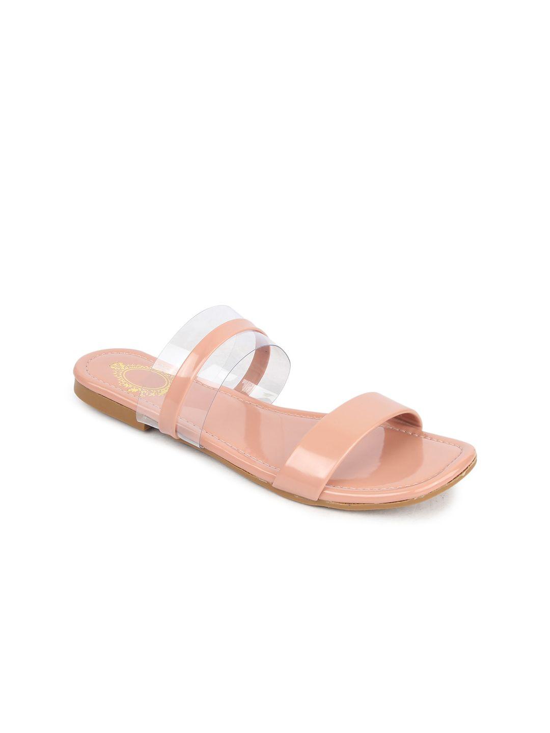 myra women peach-coloured open toe slide flats