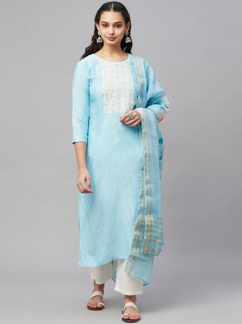 myshka blue & white cotton embroidered kurta pant set with dupatta