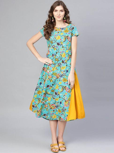 myshka blue & yellow cotton printed a-line dress