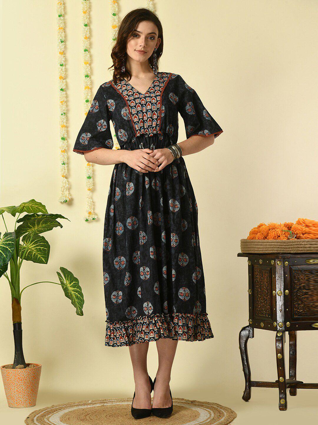 myshka ethnic motifs printed flared sleeves gathered cotton fit & flare ethnic dress