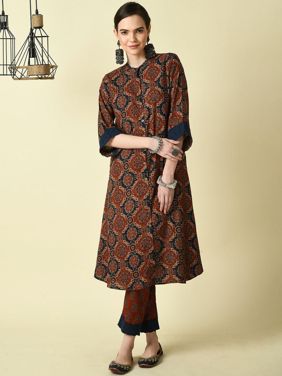 myshka ethnic motifs printed mandarin collar pure cotton straight kurta