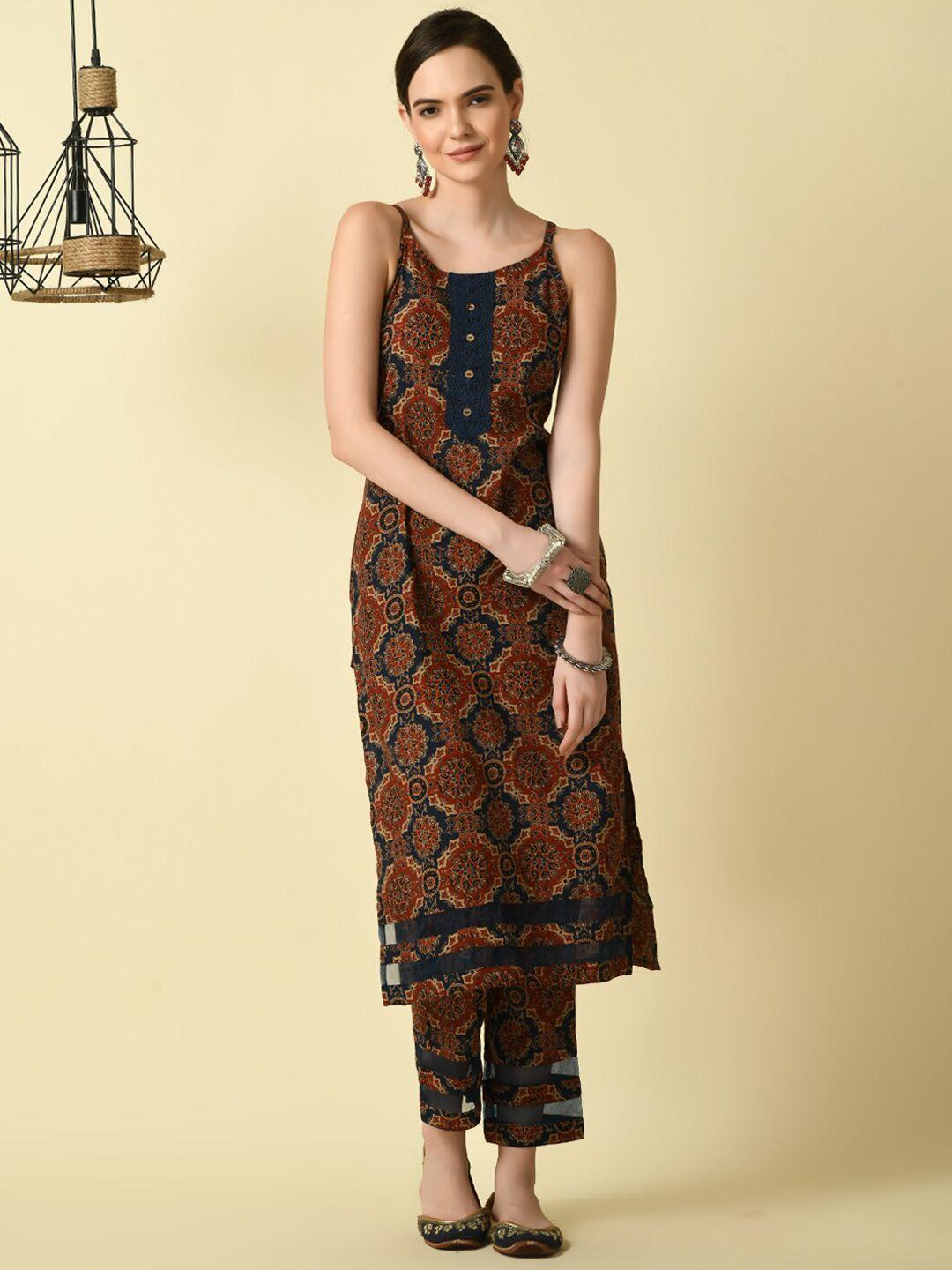 myshka ethnic motifs printed shoulder straps cotton kurta set