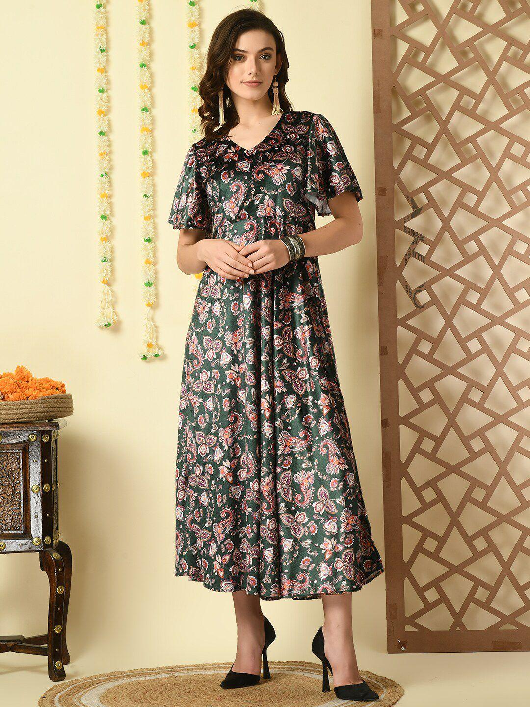myshka floral printed flared sleeves a-line midi dress