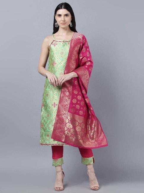 myshka green & pink woven pattern kurta pant set with dupatta