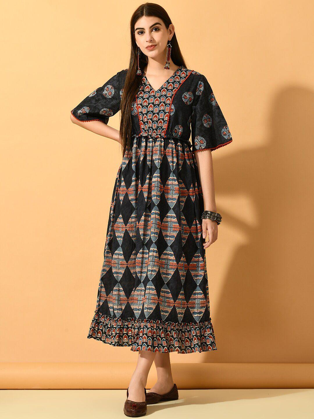 myshka multicoloured ethnic motifs print flared sleeve fit & flare midi dress