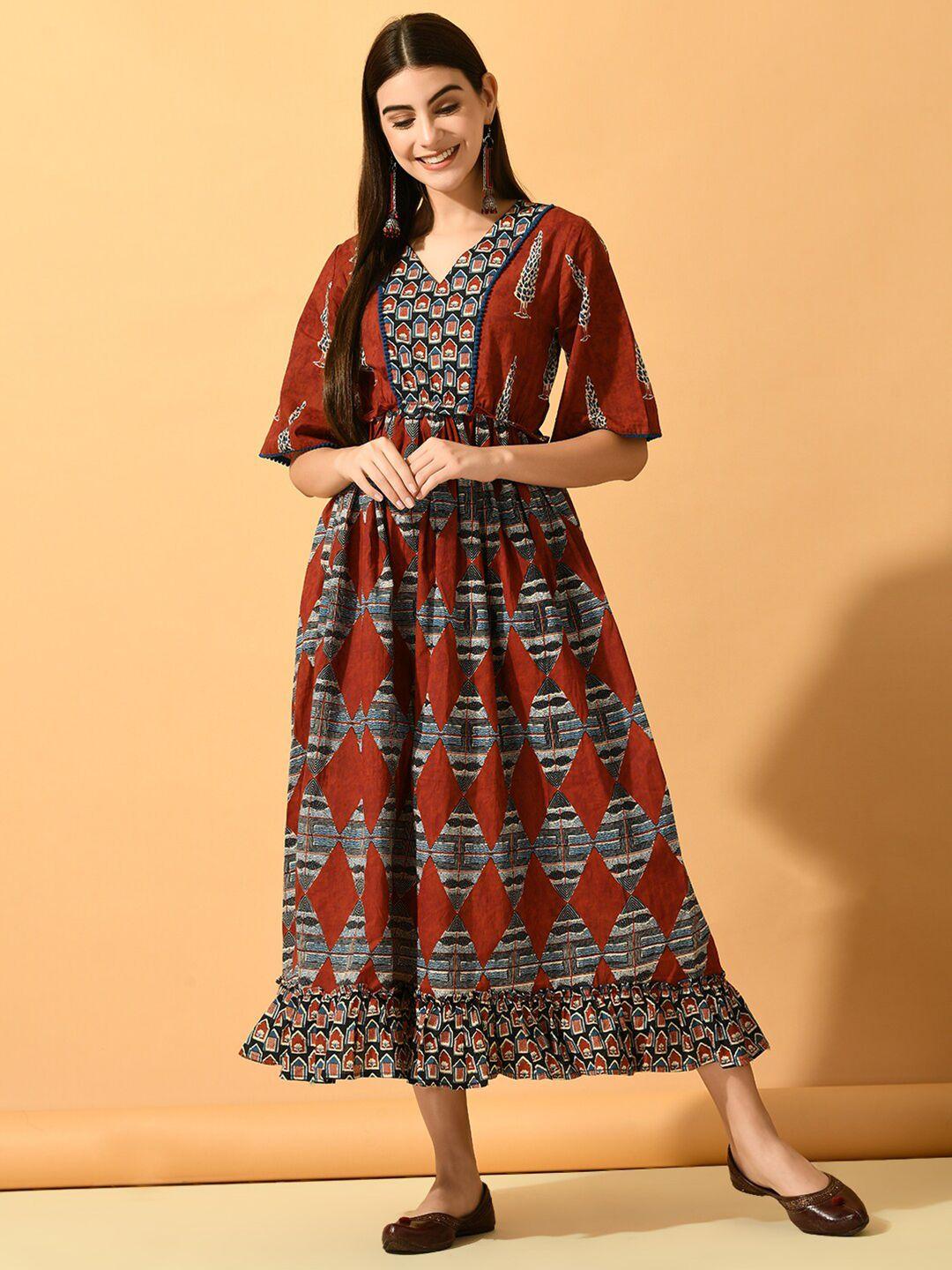 myshka multicoloured ethnic motifs print flared sleeve fit & flare midi dress