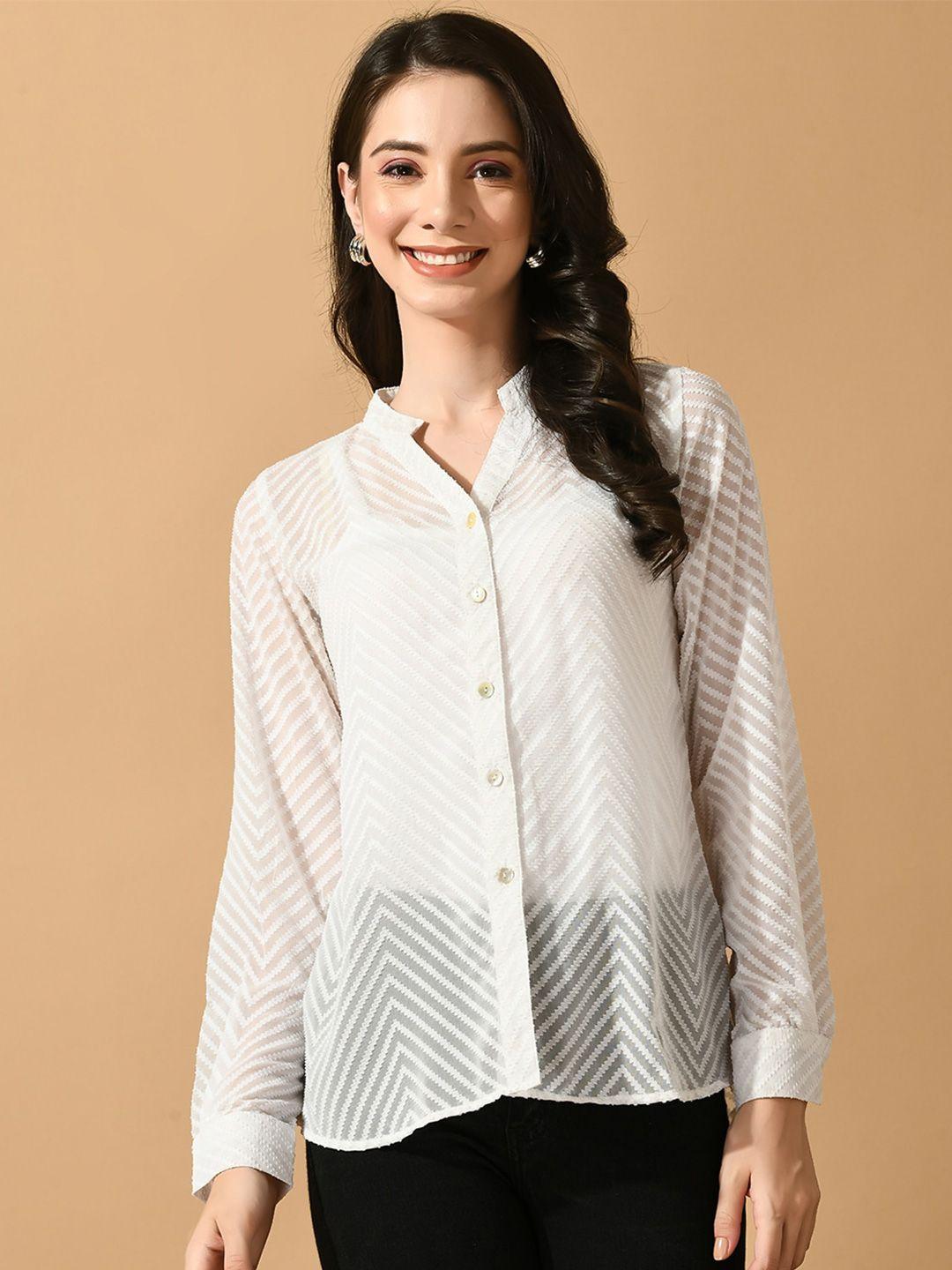 myshka smart sheer geometric printed mandarin collar georgette shirt