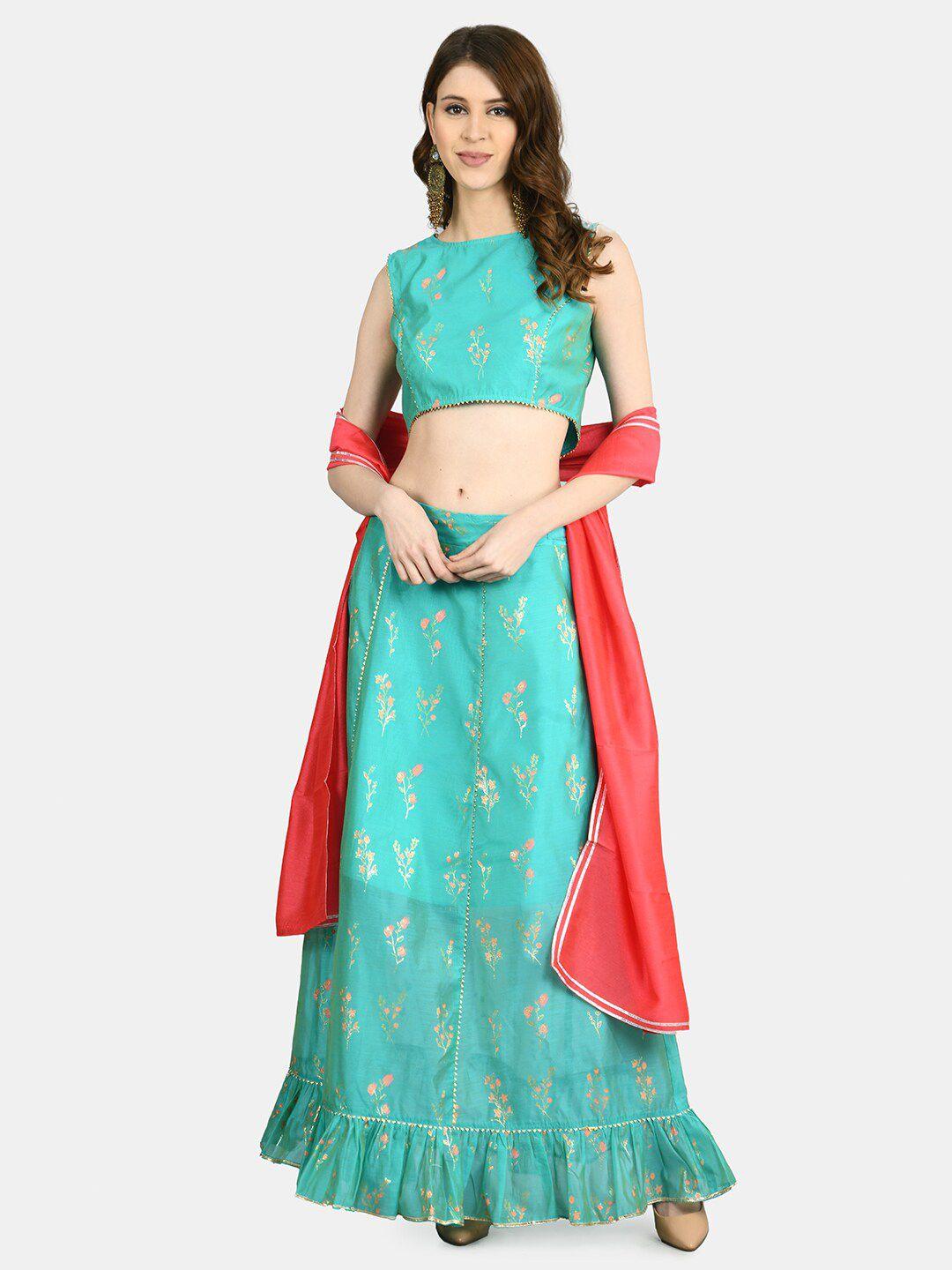 myshka turquoise blue & gold-toned printed ready to wear lehenga & blouse with dupatta