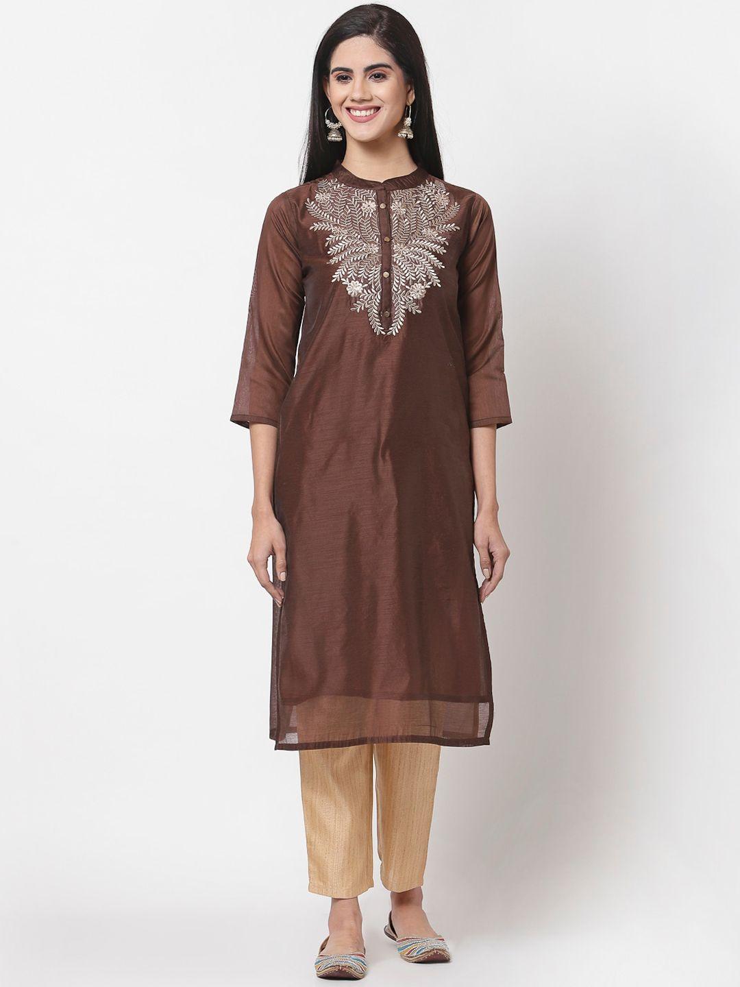 myshka women maroon ethnic motifs embroidered thread work chanderi silk chanderi silk kurta