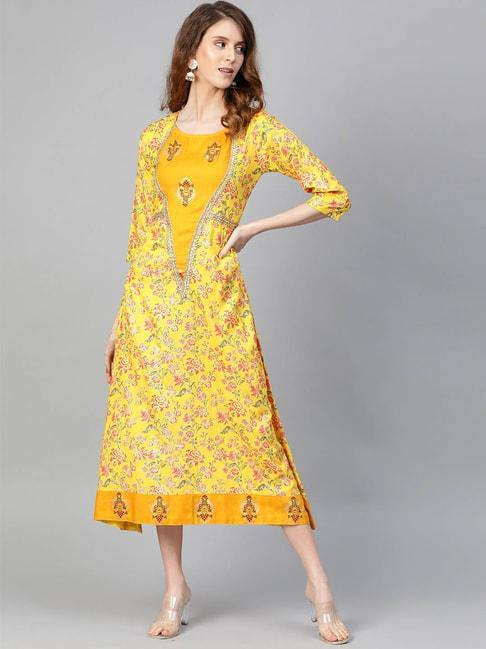 myshka yellow printed a-line dress