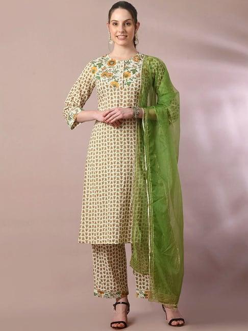 myshka beige cotton floral print kurta palazzo set with dupatta