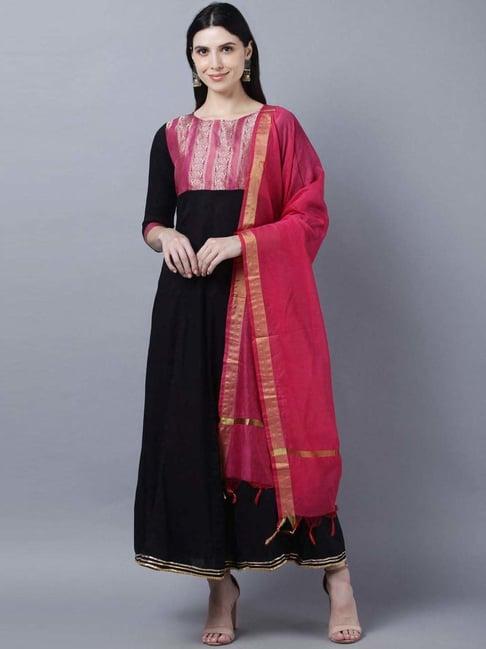 myshka black woven pattern anarkali kurta with dupatta