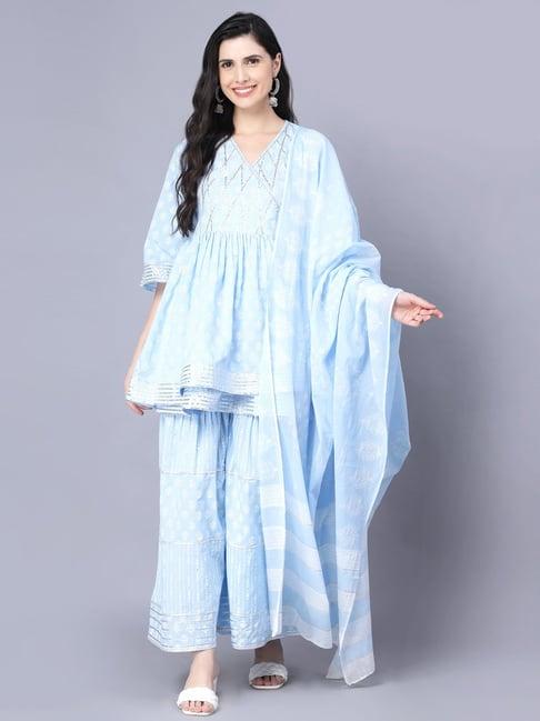 myshka blue cotton printed kurti sharara set with dupatta