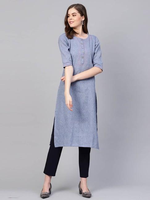 myshka blue cotton straight kurta