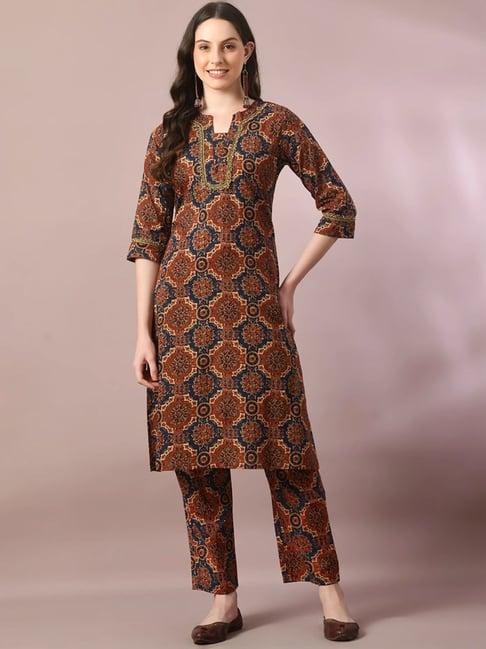 myshka brown cotton printed kurta pant set