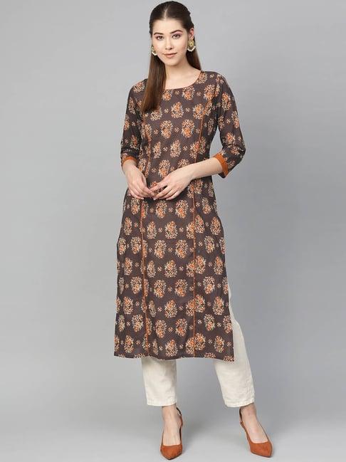 myshka brown cotton printed straight kurta