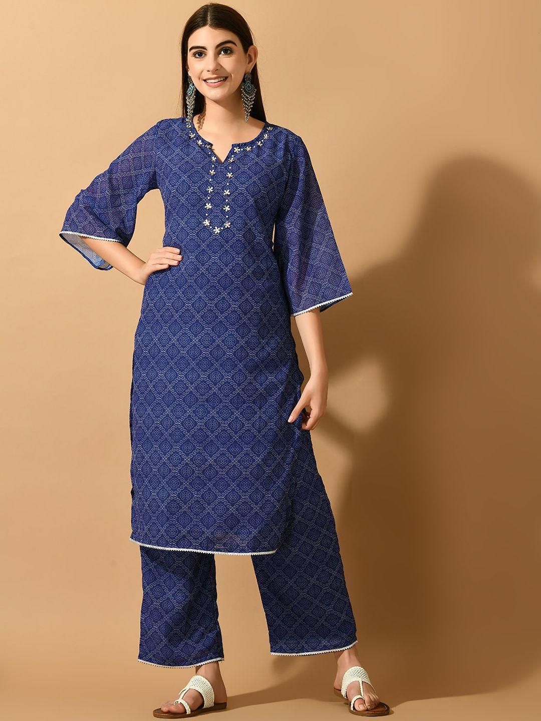 myshka ethnic motifs printed bell sleeves beads and stones georgette kurta with palazzos