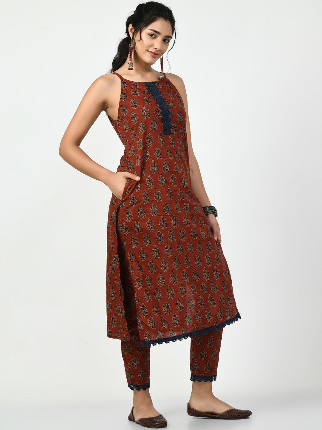 myshka ethnic motifs printed shoulder straps pure cotton kurta