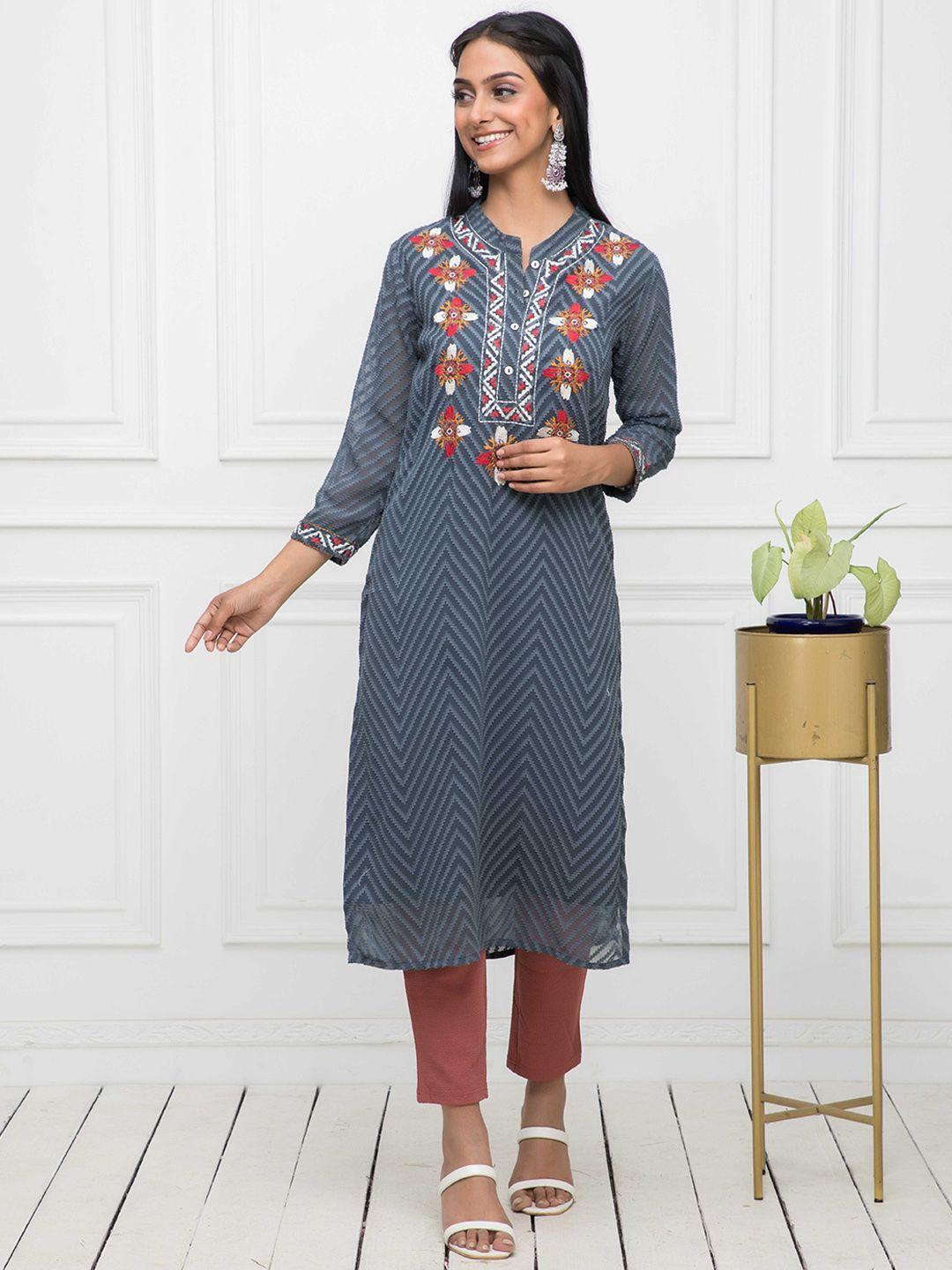 myshka ethnic woven design mandarin collar straight kurta