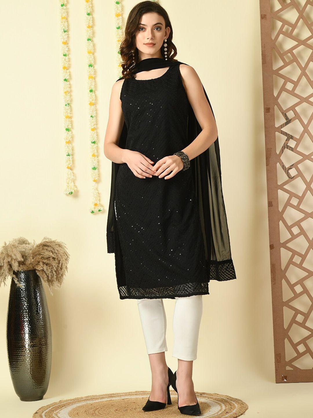 myshka floral embroidered sleeveless dobby straight kurta with dupatta