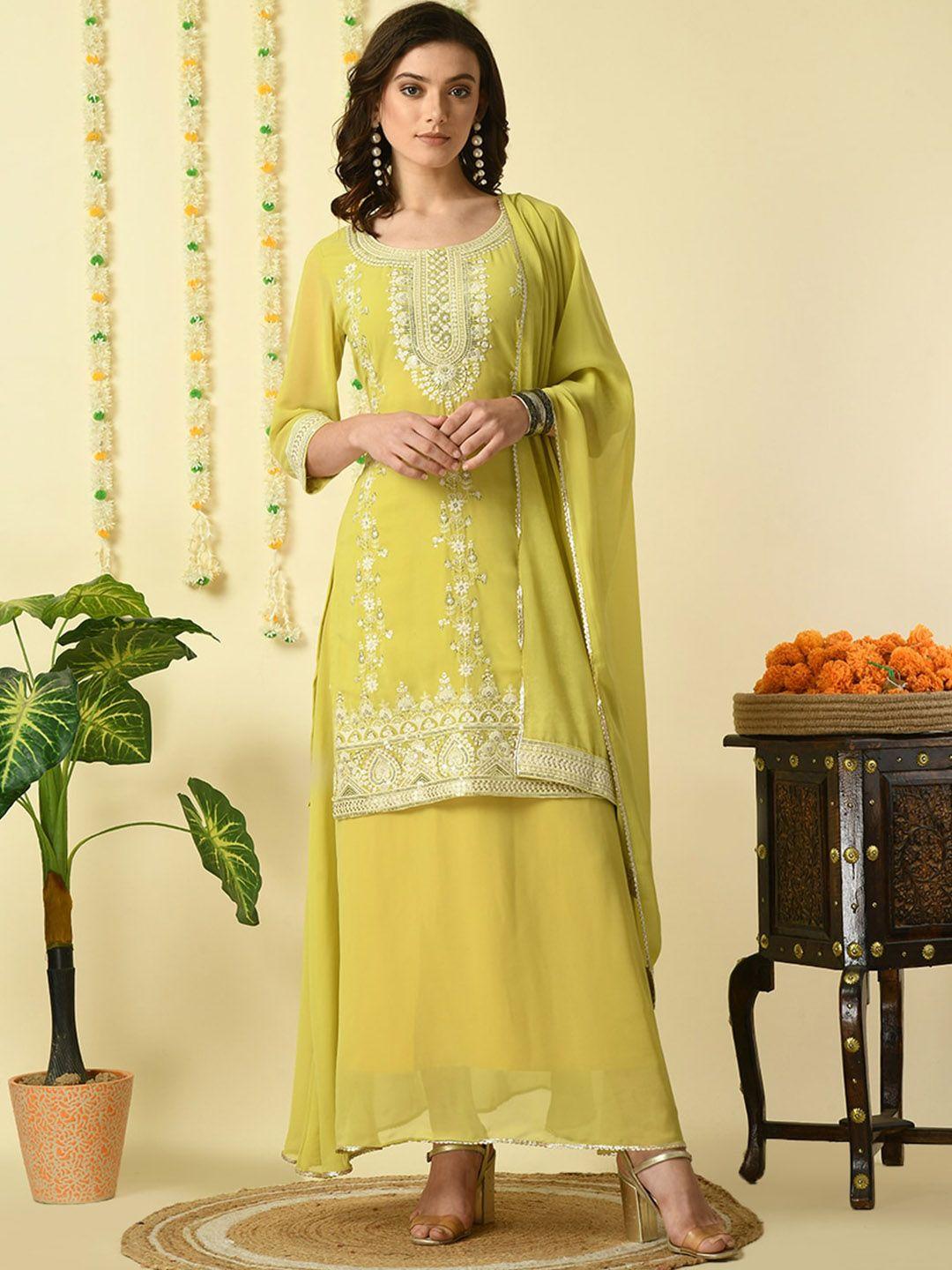 myshka floral embroidered straight kurta & skirt with dupatta