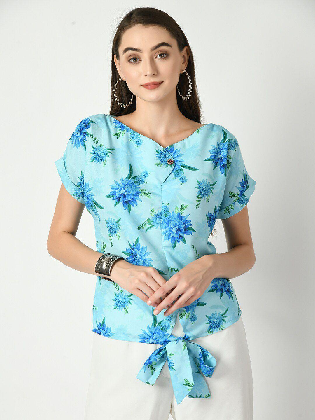 myshka floral print extended sleeves waist tie-ups detailed linen regular top