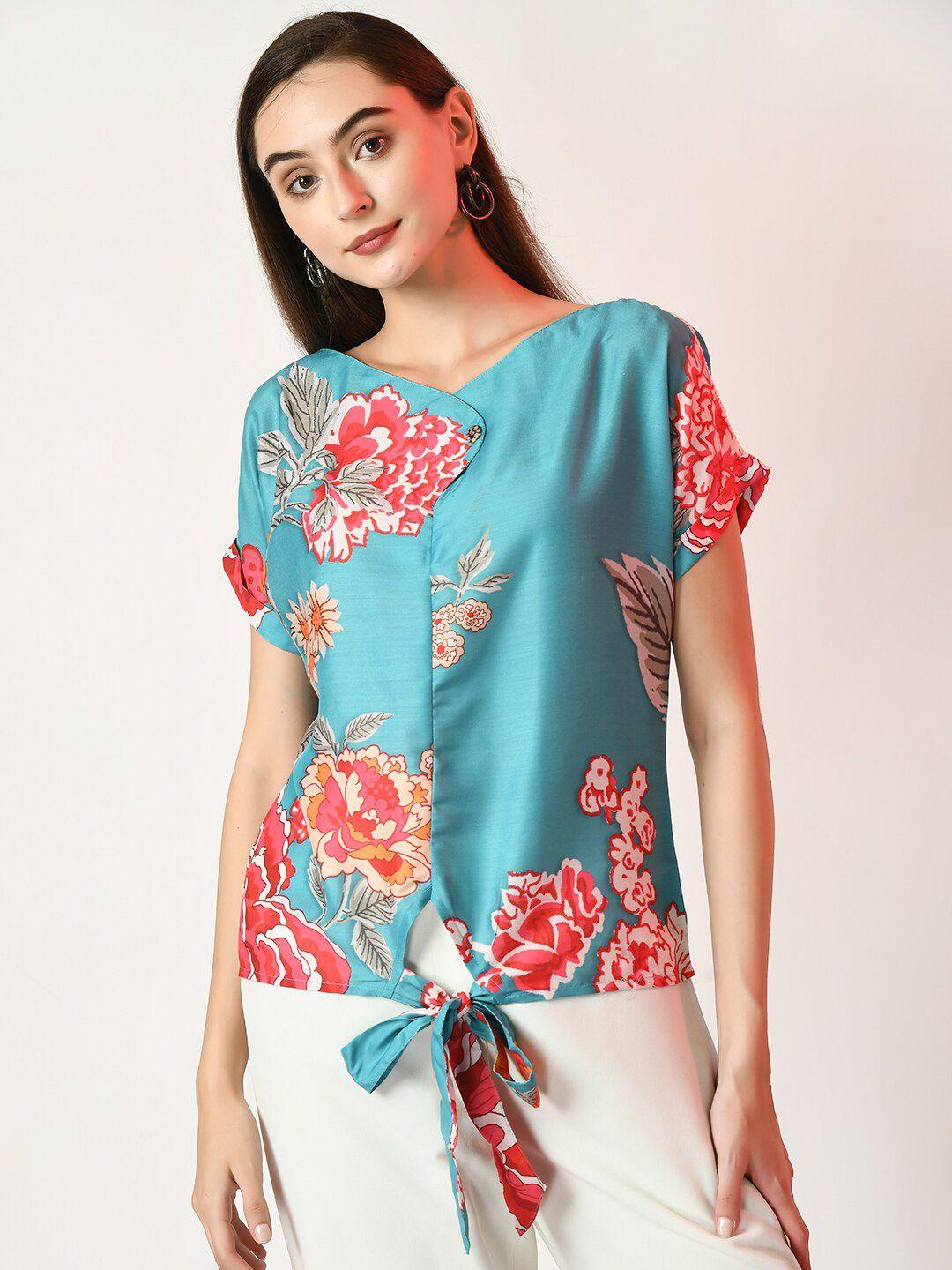 myshka floral print extended sleeves waist tie-ups detailed linen regular top