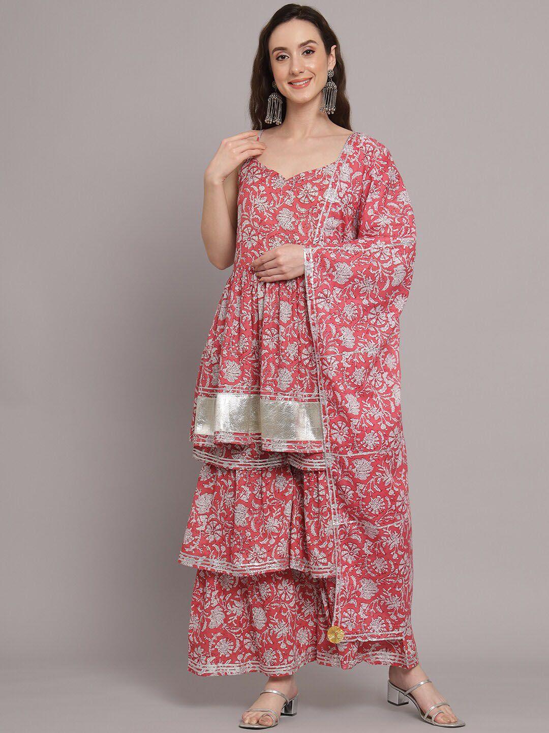 myshka floral printed anarkali pure cotton kurta with sharara & dupatta