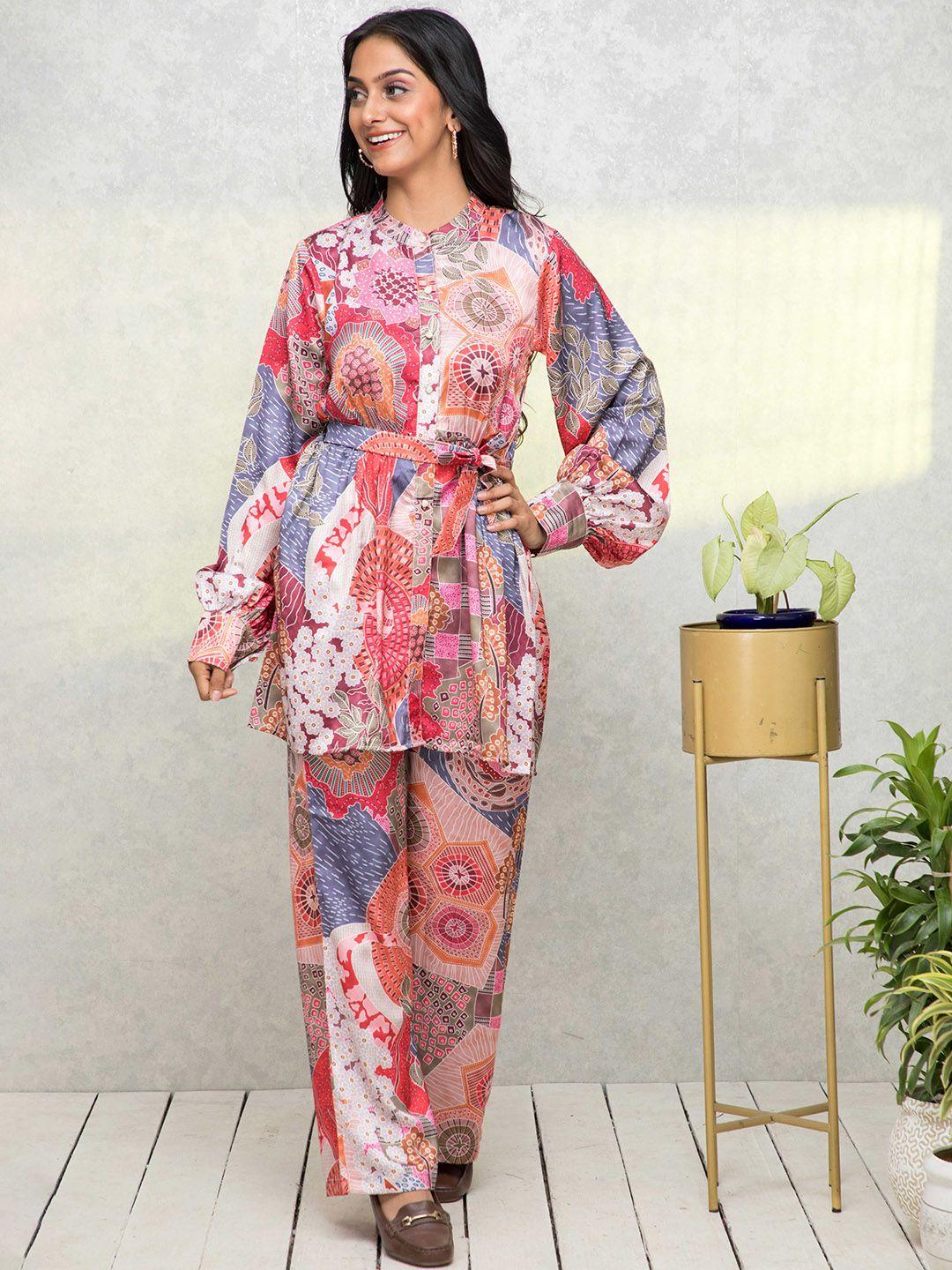 myshka floral printed band collar kurta with palazzos