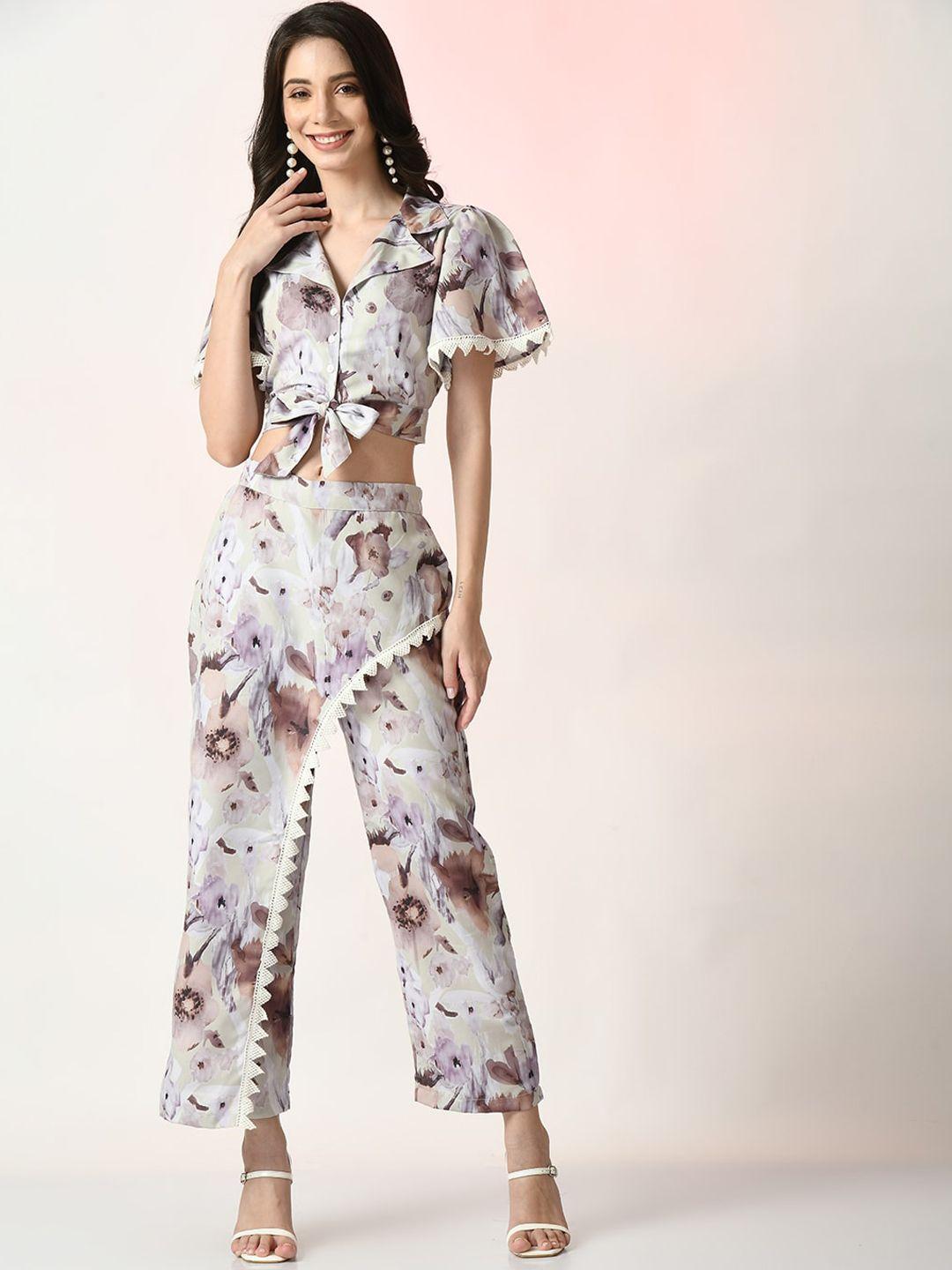 myshka floral printed crop top with trousers