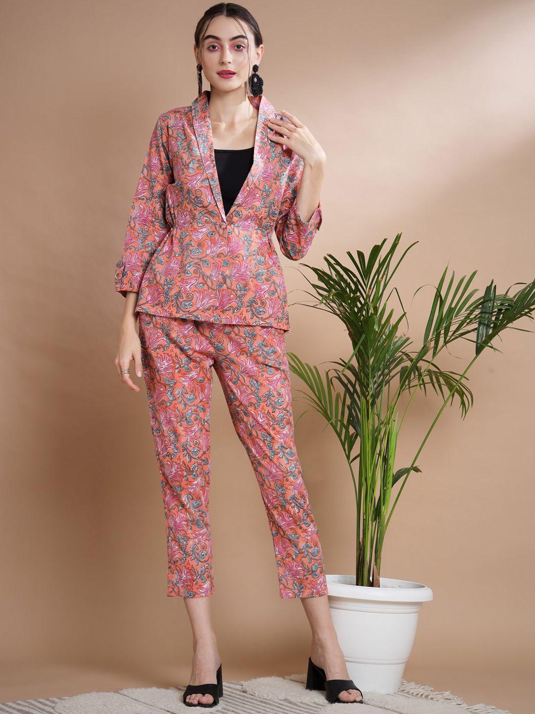 myshka floral printed shawl neck pure cotton coat with trousers