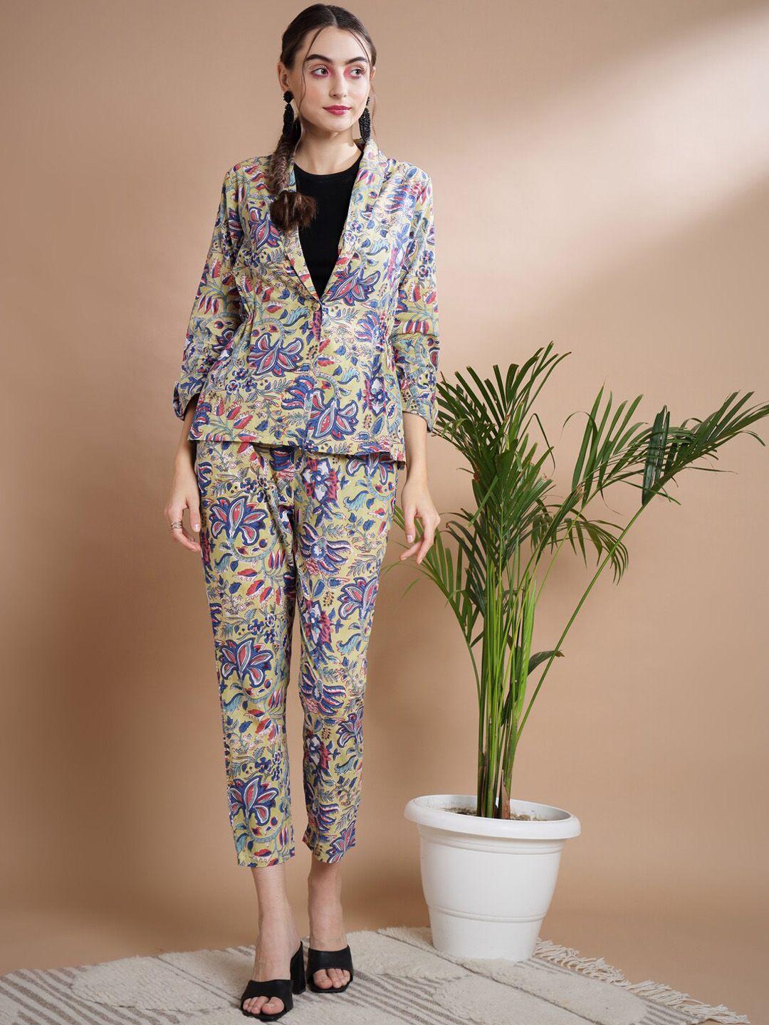 myshka floral printed shawl neck pure cotton coat with trousers