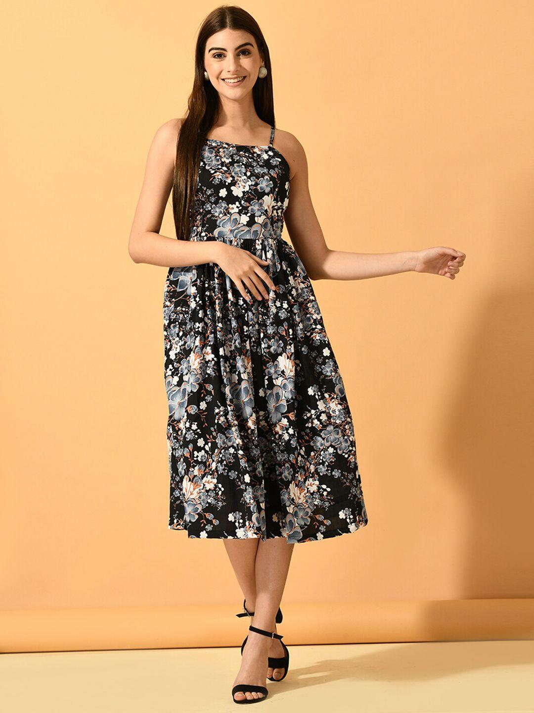 myshka floral printed shoulder straps crepe fit & flare midi dress