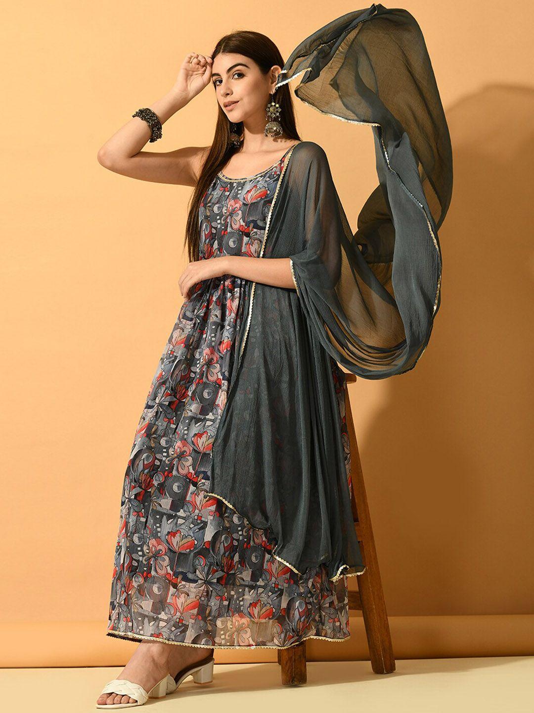 myshka floral printed shoulder straps fit & flare ethnic dresses with dupatta