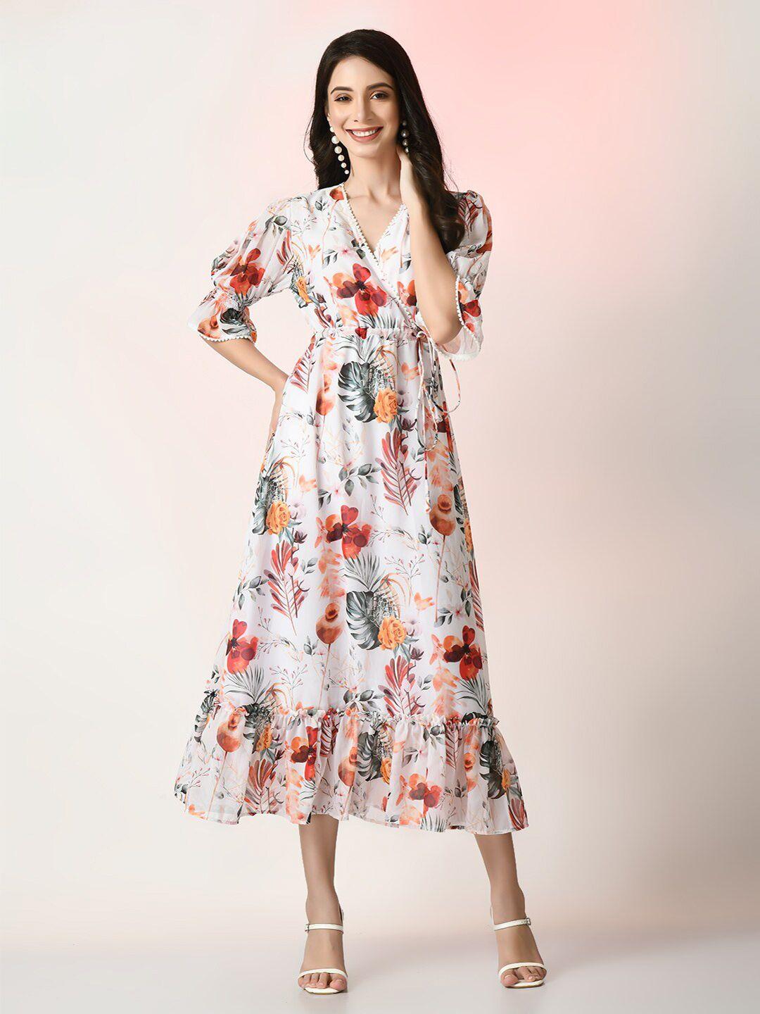 myshka floral printed v-neck georgette puff sleeves wrap midi dress