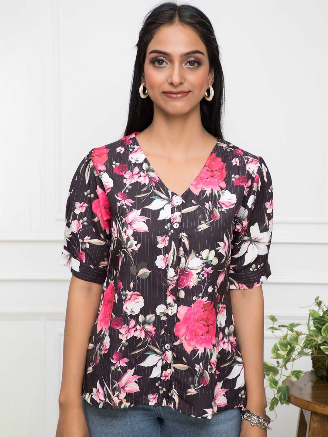 myshka floral printed v-neck puff sleeves shirt style top