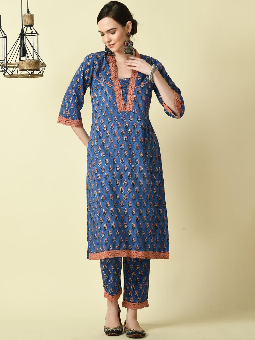 myshka geometric embroidered flared sleeves print cotton anarkali kurta