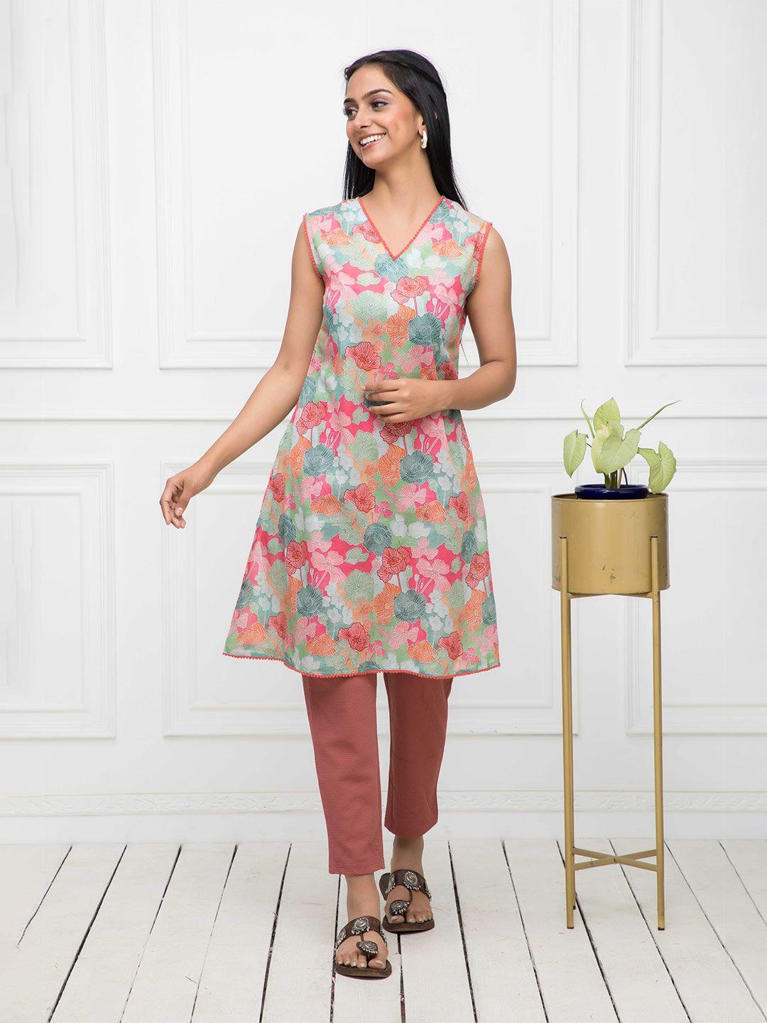 myshka green & pink floral printed v-neck gotta patti gotta patti kurti