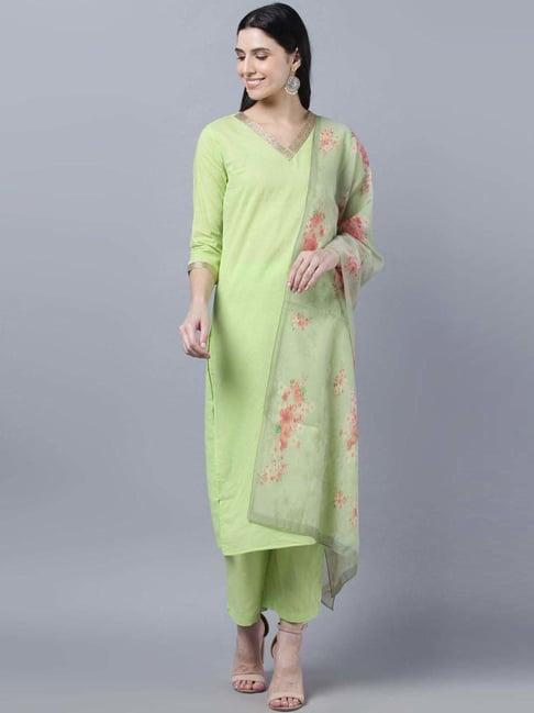 myshka green cotton kurta pant set with dupatta