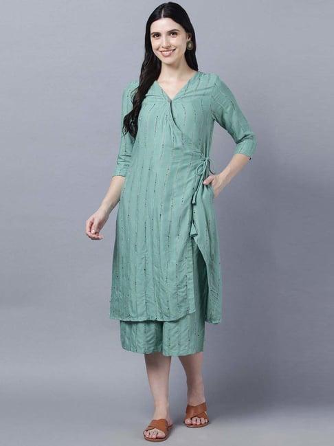 myshka green cotton striped kurta palazzo set