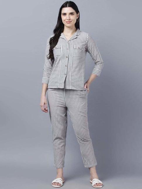 myshka grey cotton striped top pant set