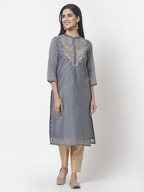 myshka grey embroidered straight kurta