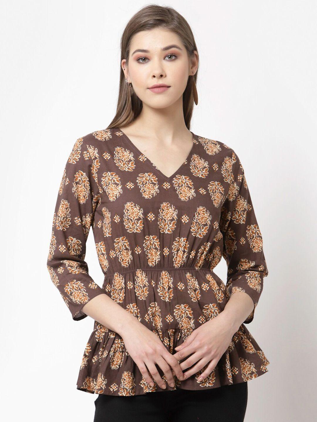 myshka maroon floral printed pure cotton cinched waist top