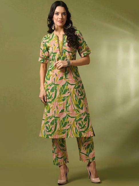 myshka multicolored cotton floral print kurta pant set