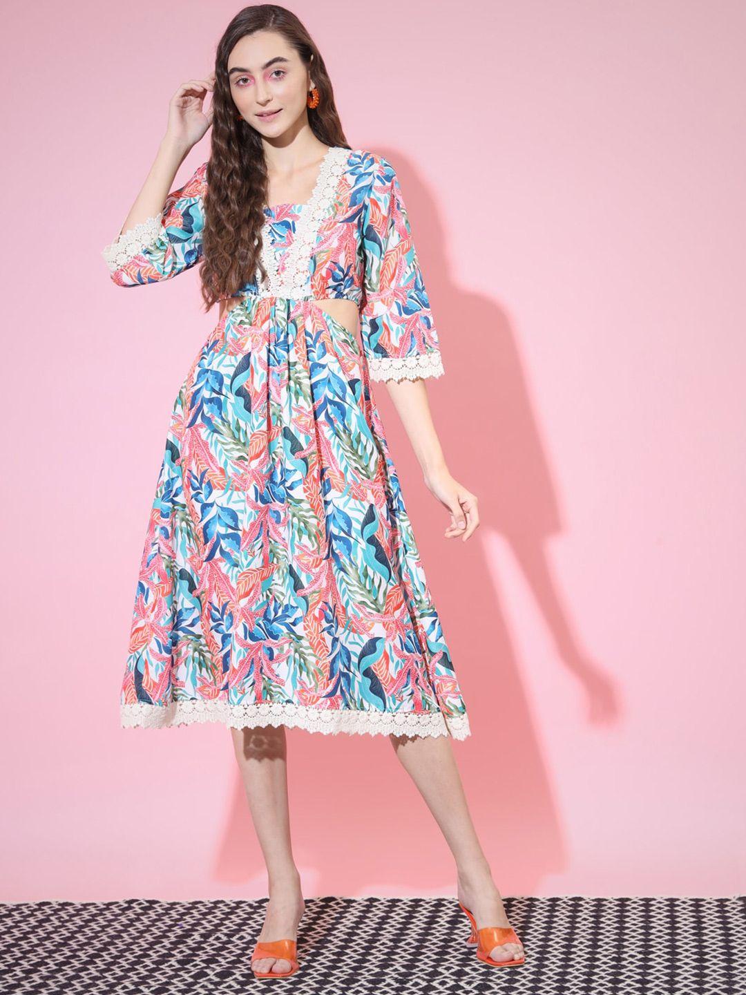 myshka multicoloured & bright gray floral print fit & flare midi dress