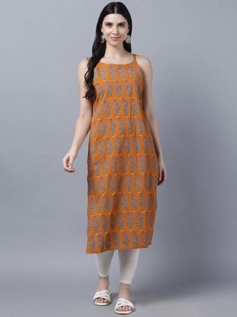 myshka mustard cotton printed straight kurta