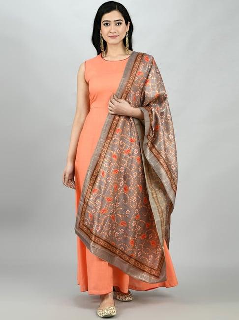 myshka peach cotton a line kurta with dupatta