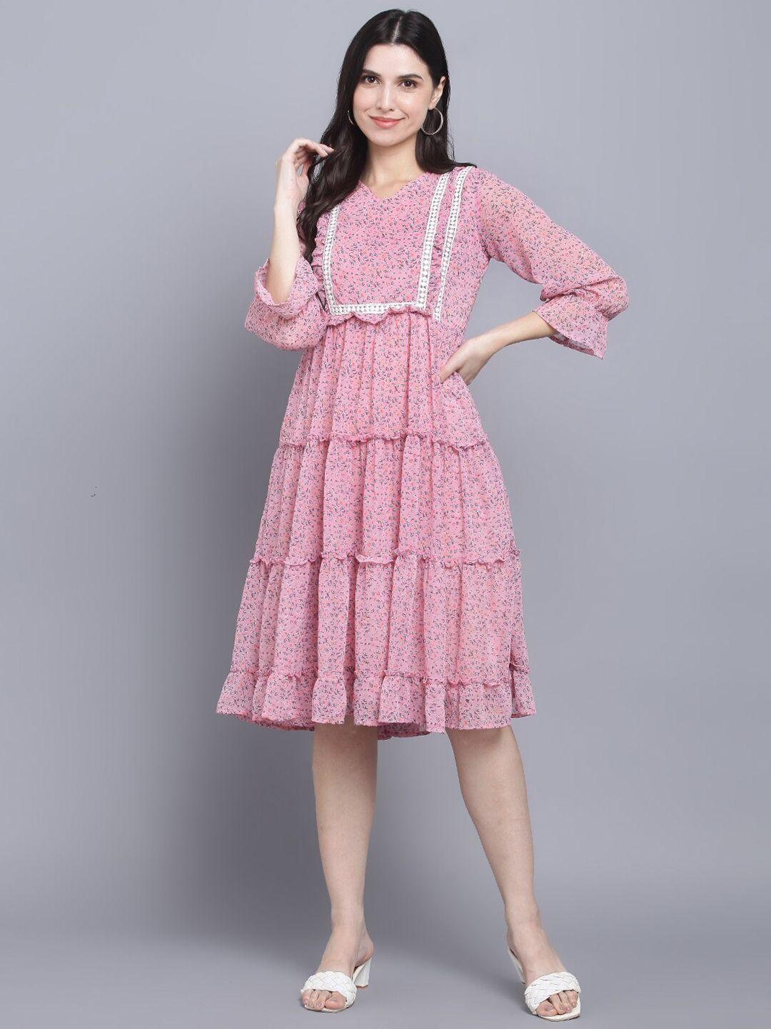 myshka pink & white floral printed midi dress